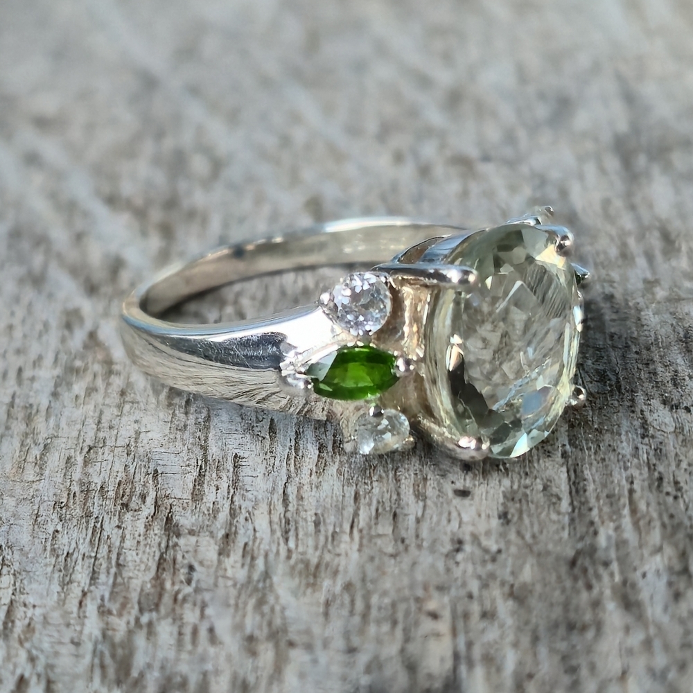 925 Sterling Silver Prasiolite Chrome Diopside White Topaz Designer Sz 9 Ring 💍 - Picture 12 of 16